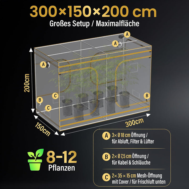 Edelweiss PRO Growzelt 300x150x200 cm, lichtdichte Growbox für Indoor-Pflanzen, PAR-White Innenfläch