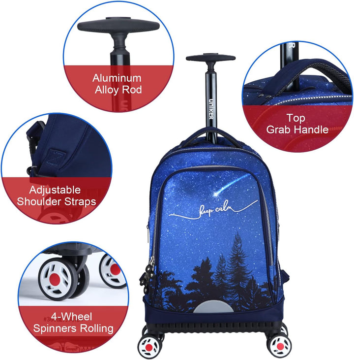 UNIKER Rollrucksack mit Rollen für Reisen, Rolltasche für Mädchen und Jungen, Laptoptasche mit Räder