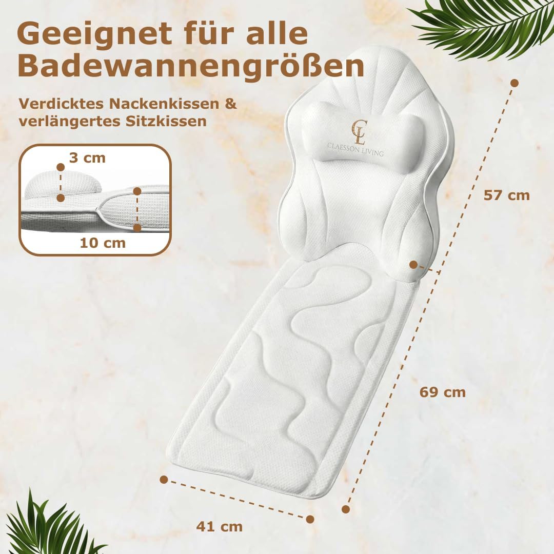 Badewannenkissen Ganzkörper Badekissen (126x41cm) - Badewannenmatte mit Kopfstütze (13cm) unterstütz