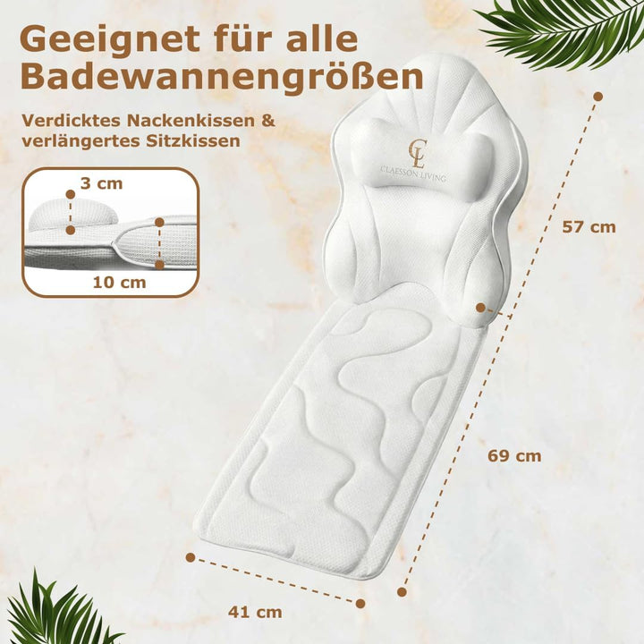 Badewannenkissen Ganzkörper Badekissen (126x41cm) - Badewannenmatte mit Kopfstütze (13cm) unterstütz