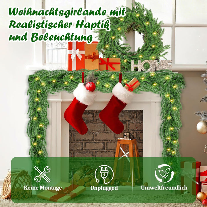 Weihnachtsgirlande mit Beleuchtung 2.7m 30 Warmweiss LEDs - Tannengirlande Premium Weihnachtsdeko fü