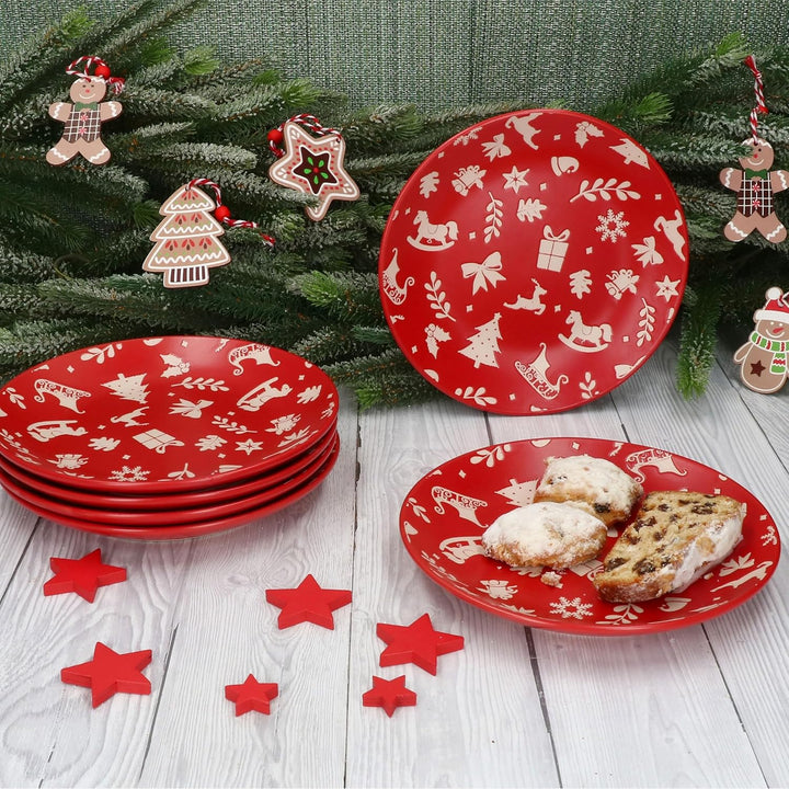 MamboCat 6er Set Advent Dessertteller I Ø20cm I Kuchenteller aus Steingut in Rot mit Weihnachtsmotiv