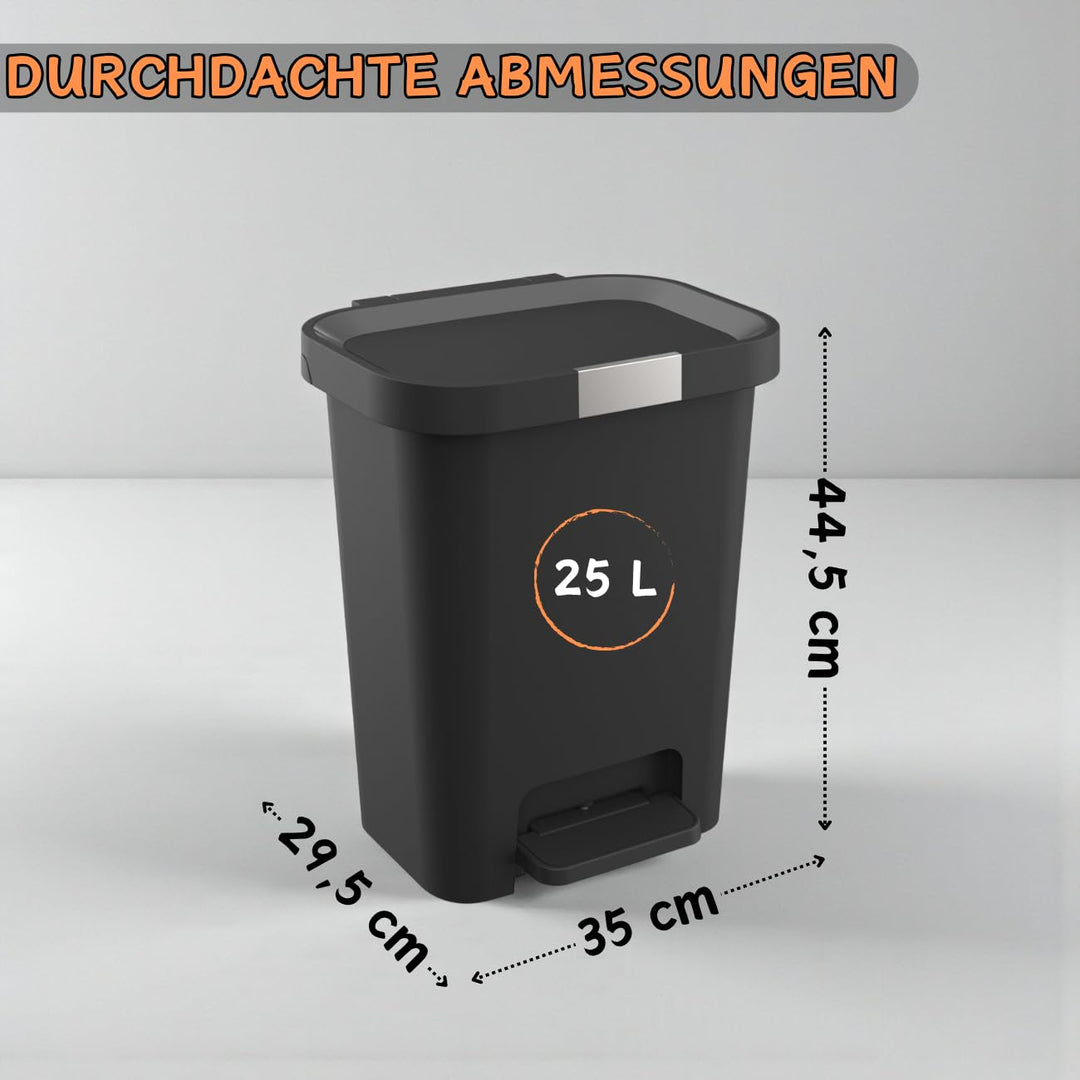 Mülleimer 25 L mit Deckel und Pedal - Treteimer, Abfalleimer mit Soft-Close, verschliessbarem Deckel