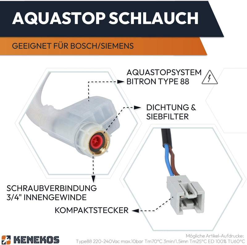 Kenekos - Aquastop-Schlauch BITRON Typ 88 3/4 Zoll 1,68 m kompatibel mit Bosch Siemens Geschirrspüle