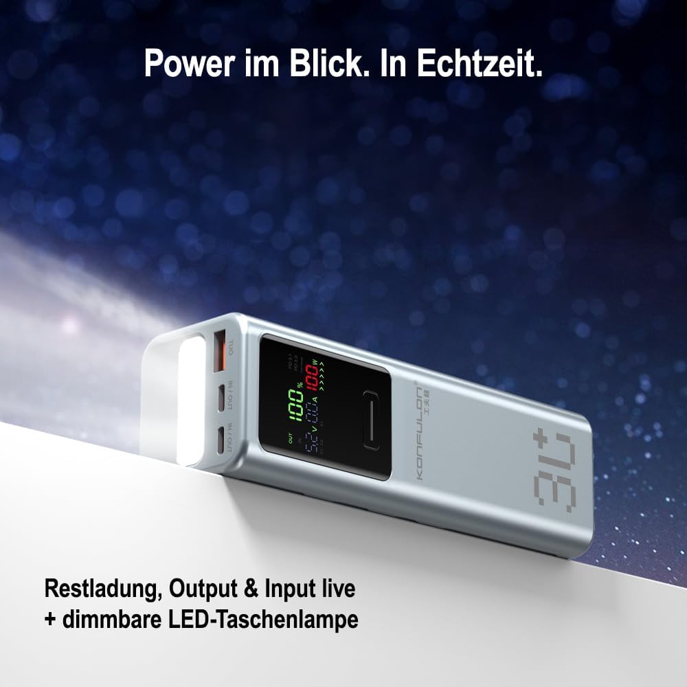 Powerbank 30000mAh – 100W Schnellladefunktion, 3 Ausgänge (2× USB-C & 1× USB-A), LED-Display – Für S