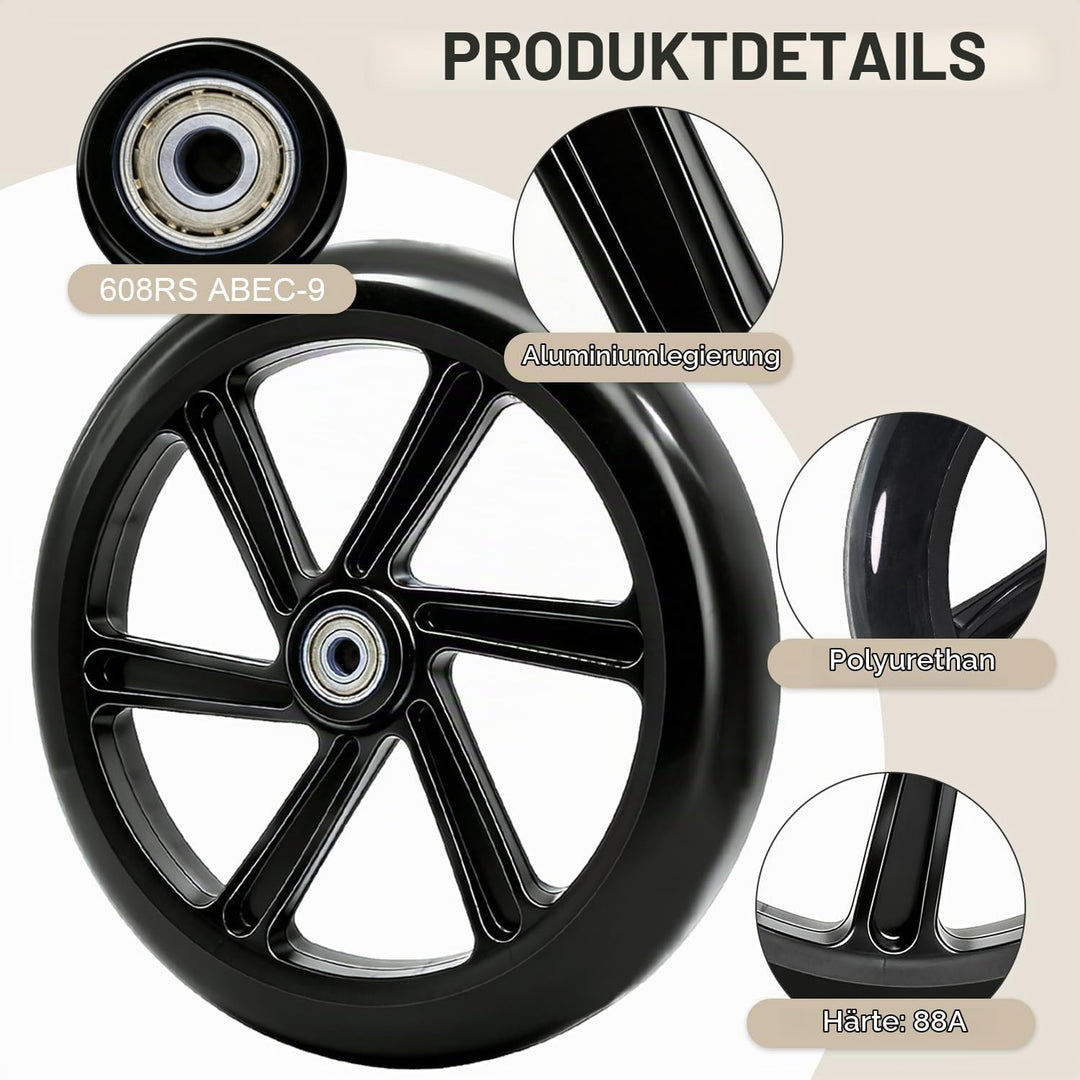 2 Stück 200mm Scooter Rollen, City-Scooter Ersatzräder Räder mit ABEC-9 Lager, Anti-Rutsch Roller Rä