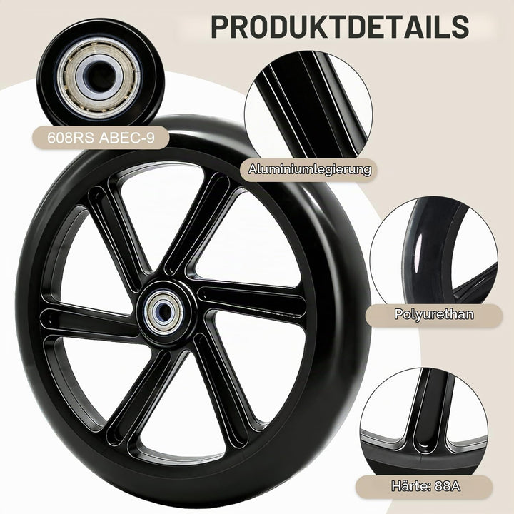 2 Stück 200mm Scooter Rollen, City-Scooter Ersatzräder Räder mit ABEC-9 Lager, Anti-Rutsch Roller Rä