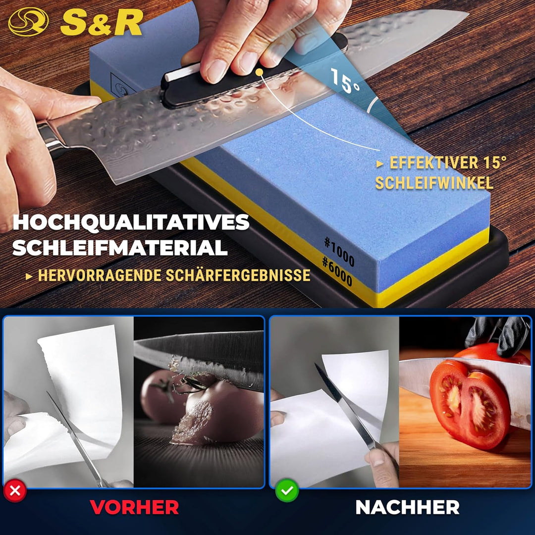 S&amp;R Praktisches Schleifstein-Set 4-tlg, Doppelseitiger Schruppstein, Abziehstein Körnung 1000/6000,