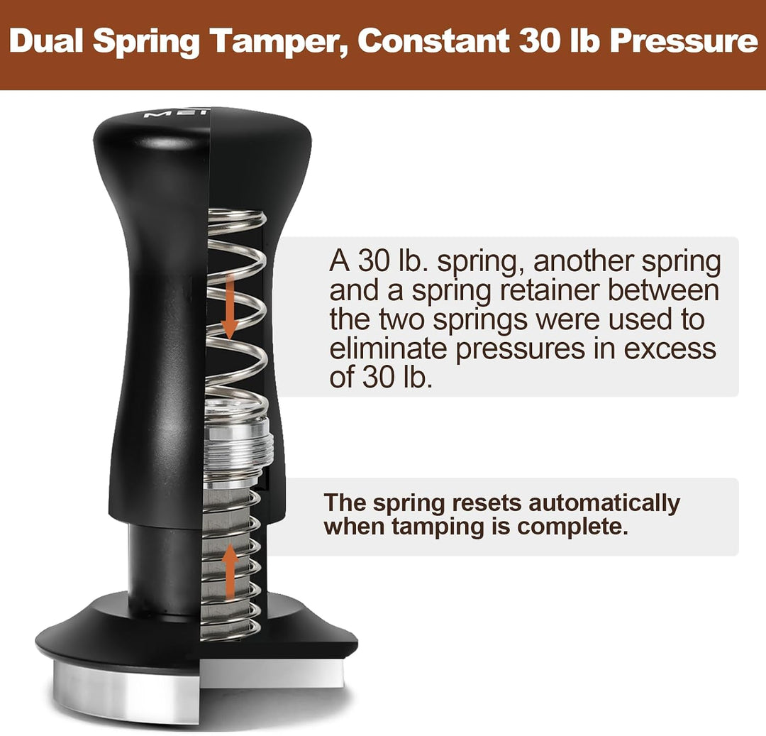 MEION Espresso Tamper 58,5mm, Kaffee Tamper, auf 30 lbs Anpressdruck kalibiriert, Dual Federbelastet
