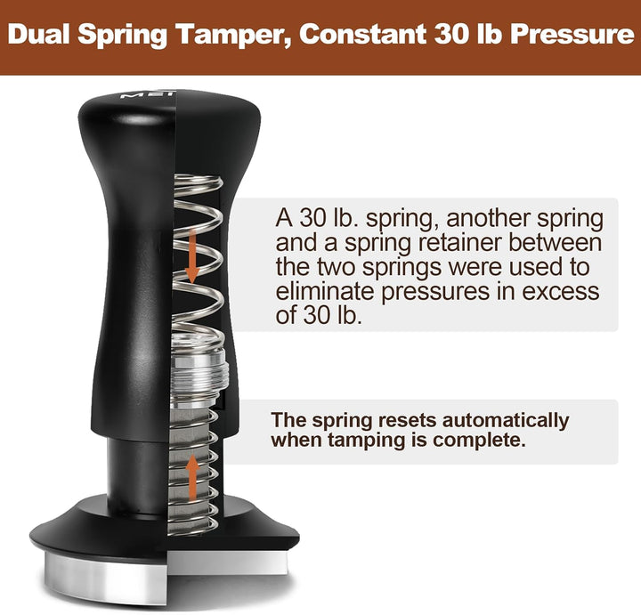 MEION Espresso Tamper 58,5mm, Kaffee Tamper, auf 30 lbs Anpressdruck kalibiriert, Dual Federbelastet