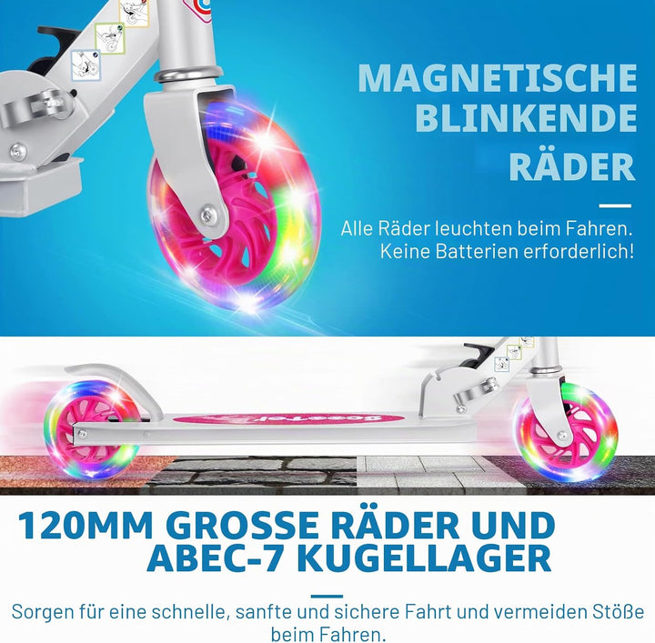 BELEEV Roller Kinder 2 Räder, Klappbar Kinderroller für Mädchen Jungen, Tretroller mit LED Leuchtend