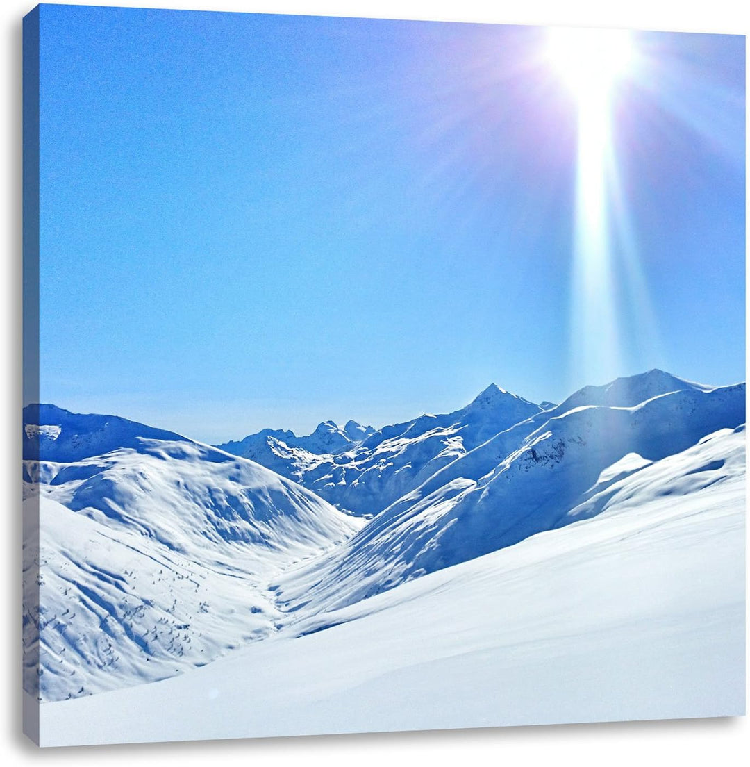 Pixxprint Schnee Berge, Format: 70x70 auf Leinwand, XXL riesige Bilder fertig gerahmt mit Keilrahmen
