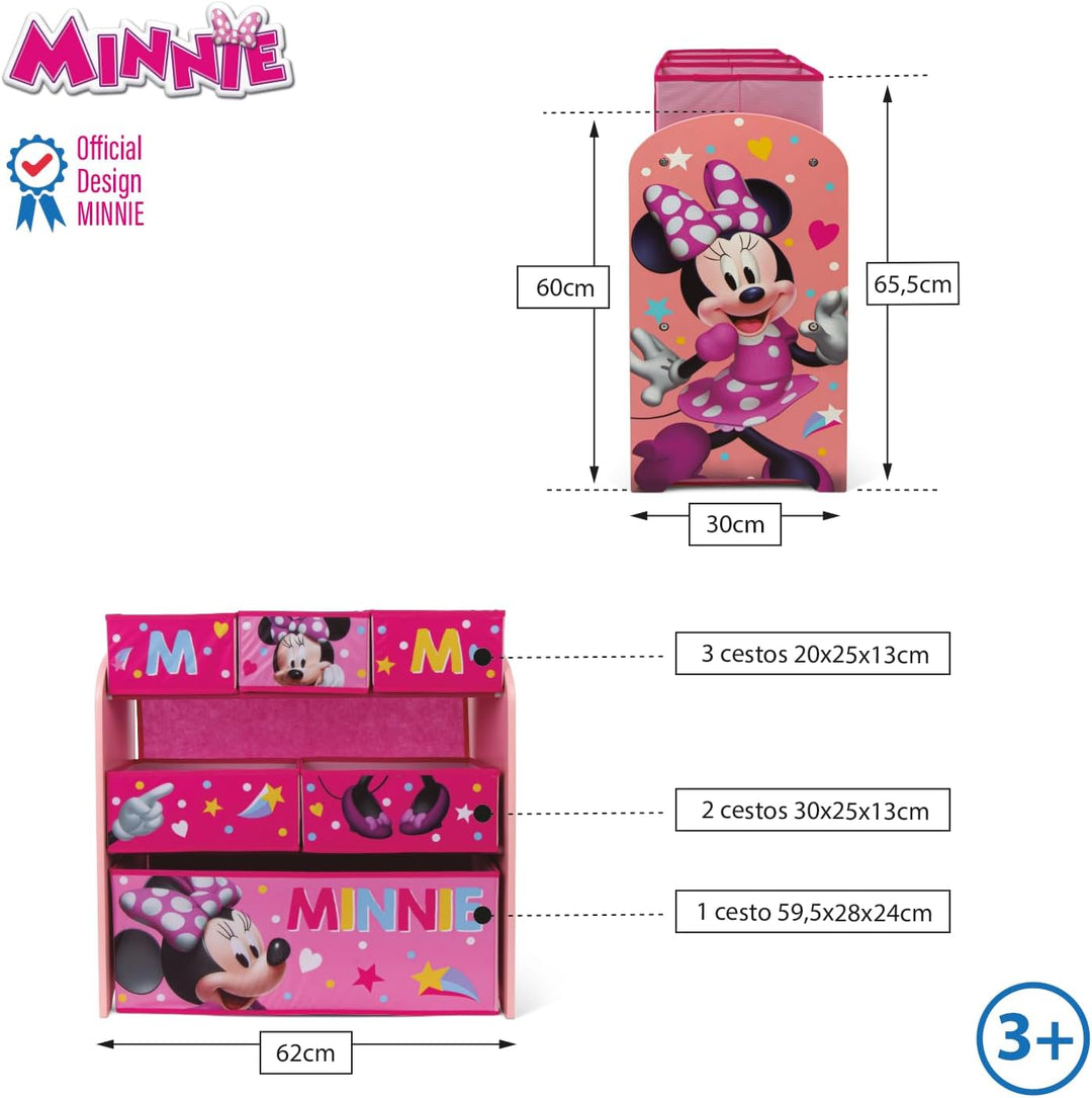 ARDITEX – Organizer aus Holz mit 6 Textilboxen mit Minnie-Mouse-Motiv von Disney – 62x30x60cm – Farb