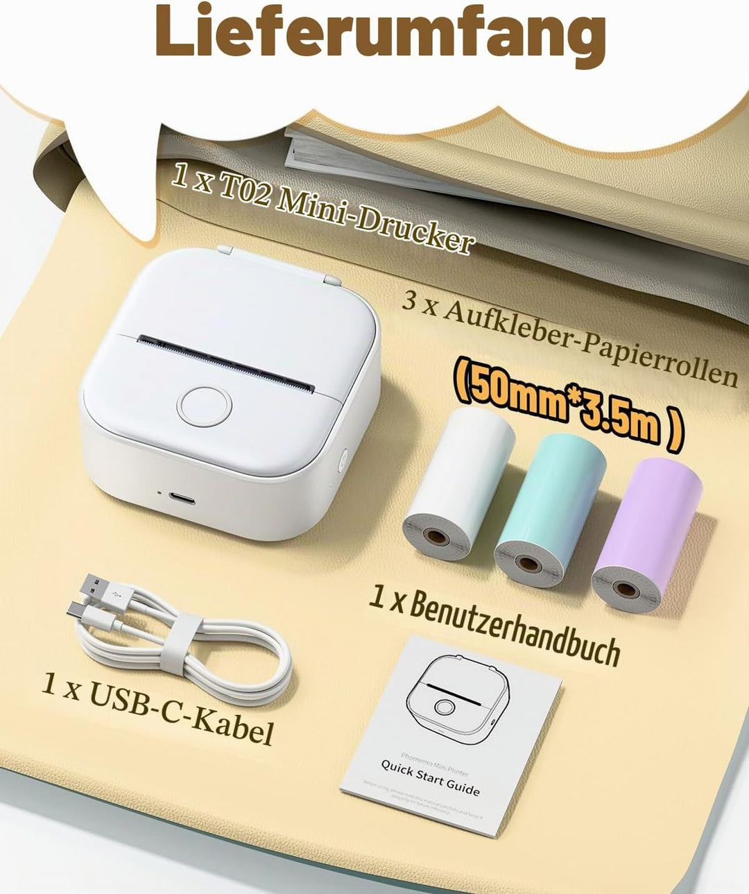 Phomemo Aufkleber Drucker, T02 Mini Thermodrucker für Smartphone, Tragbarer Fotodrucker mit 3 Rollen