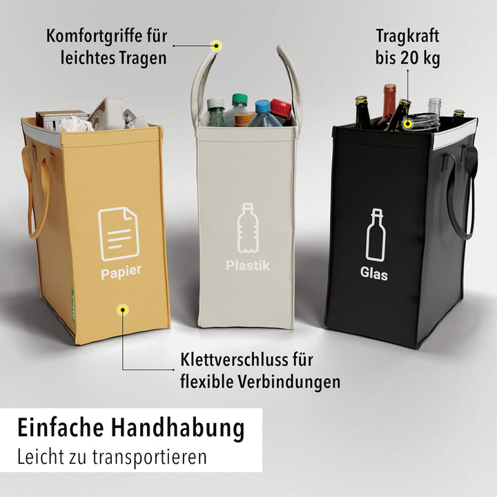 qikfresh - Mülltrennsystem 3er Set | Abfalltrennsystem mit 3 Fächer zum Recycling von Altglas, Altpa