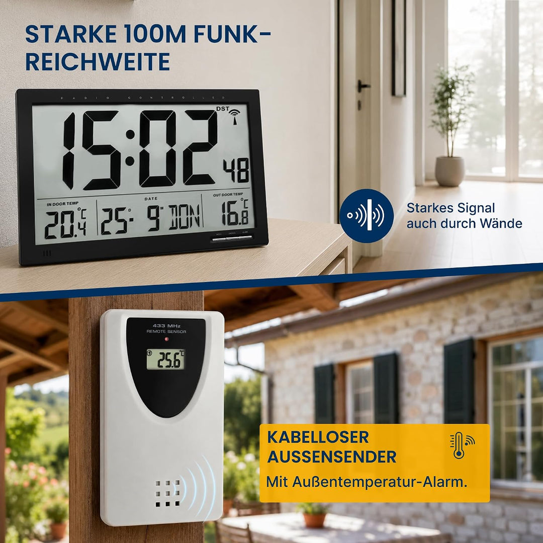TFA Dostmann Digitale XL-Funkuhr, mit Aussen-und Innentemperatur, Wanduhr, gut ablesbar, schwarz, 60