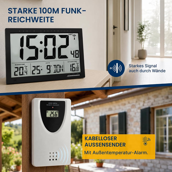 TFA Dostmann Digitale XL-Funkuhr, mit Aussen-und Innentemperatur, Wanduhr, gut ablesbar, schwarz, 60
