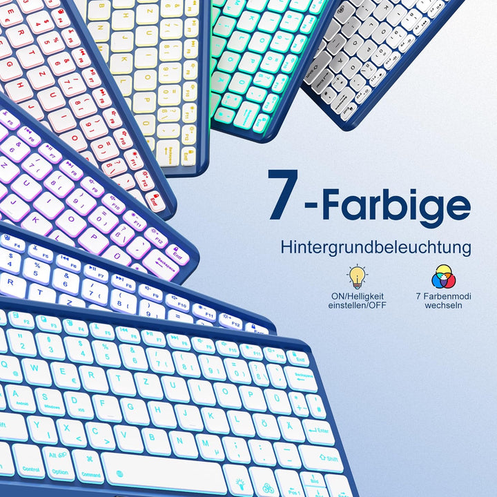 Vobafe Bluetooth Tastatur mit Touchpad, Kabellose 7-farbiges Backlight QWERTZ Tablet Keyboard, Trale