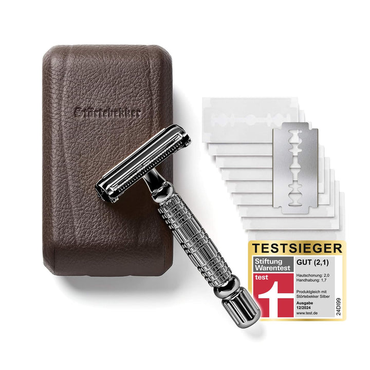 Störtebekker® Premium Rasierhobel Set für Herren im handgefertigten Lederetui - mit Rasierpinsel, Ra