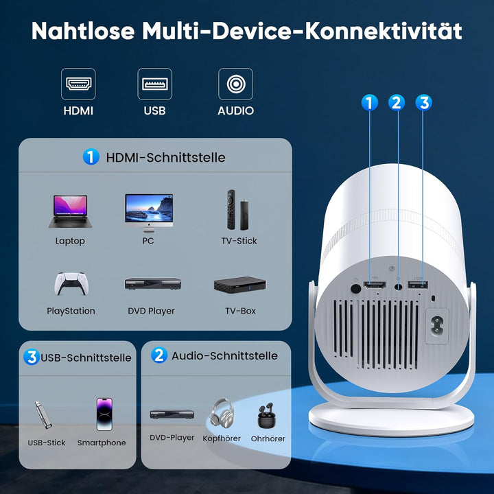 【GTV & KI-Sprachsteuerung】 Tecaki Mini-Projektor, tragbarer Projektor mit über 1.900 zertifizierten