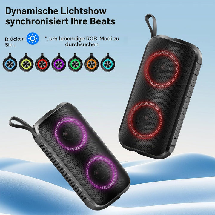 Bluetooth Lautsprecher mit Licht, 52mm Dual Musikbox Bluetooth Box Fantastischer Sound, 12H Outdoor