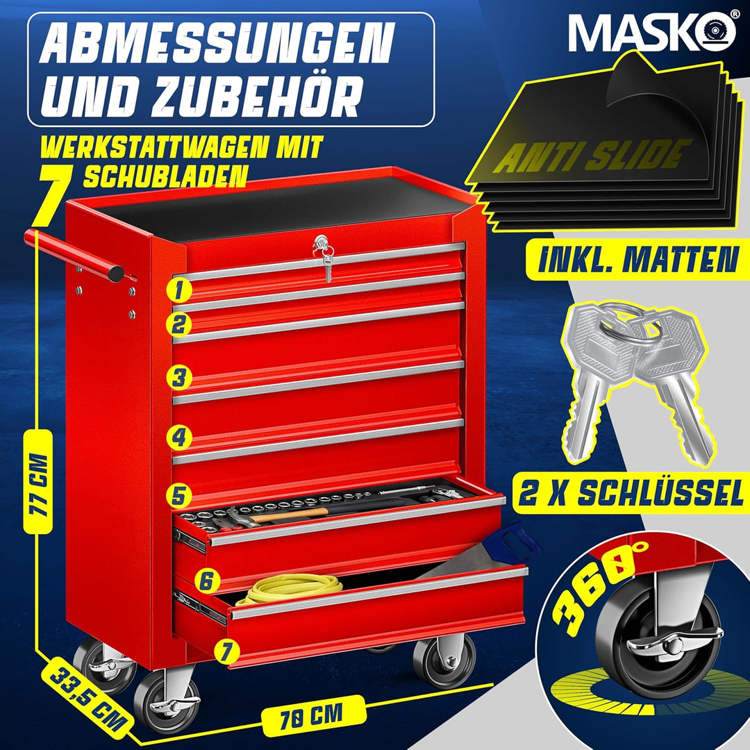 MASKO® Werkstattwagen - 7 Schubladen, rot | Abschliessbar | Massives Metall | Mobiler Werkzeug-Wagen