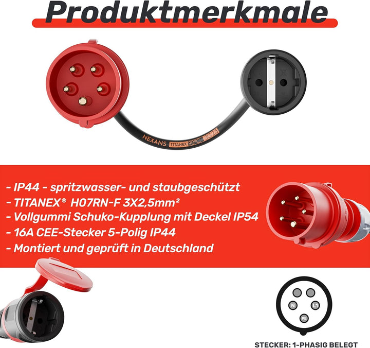 NWP Adapter 16A 400V Stecker Starkstrom auf 230V Schuko Kupplung - IP44-3x2,5mm² Gummischlauchleitun