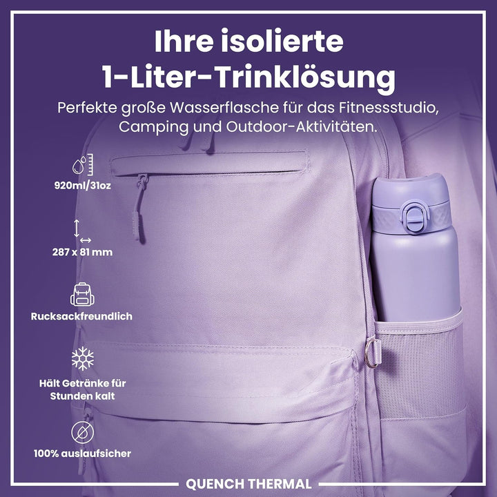 Ion8 Vakuumisolierte Edelstahl-Trinkflasche, 1 Liter, 920 ml, Auslaufsicher, Einhandöffnung, Sichere