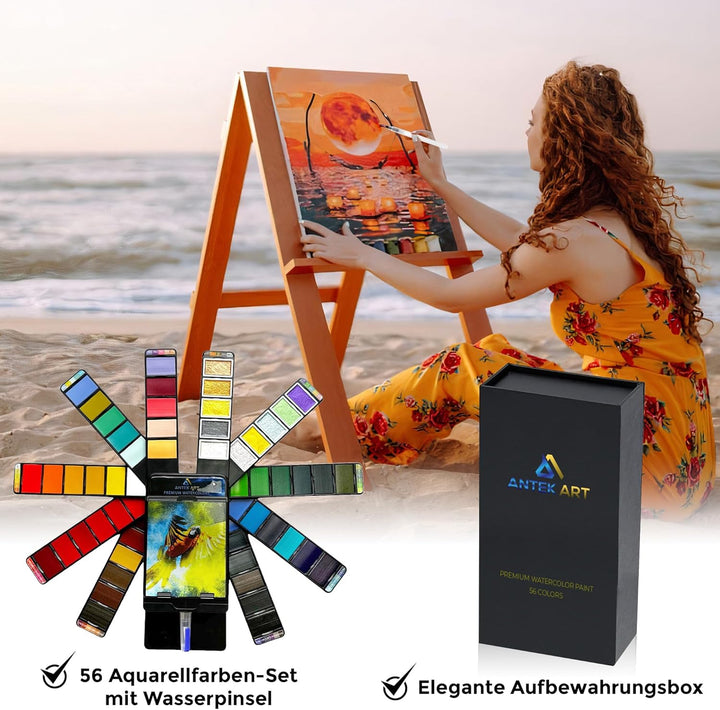 ANTEK ART Aquarellfarben Set Premium (inkl. Metallische Glitzer Aquarell Farben), in Einem Tragbaren