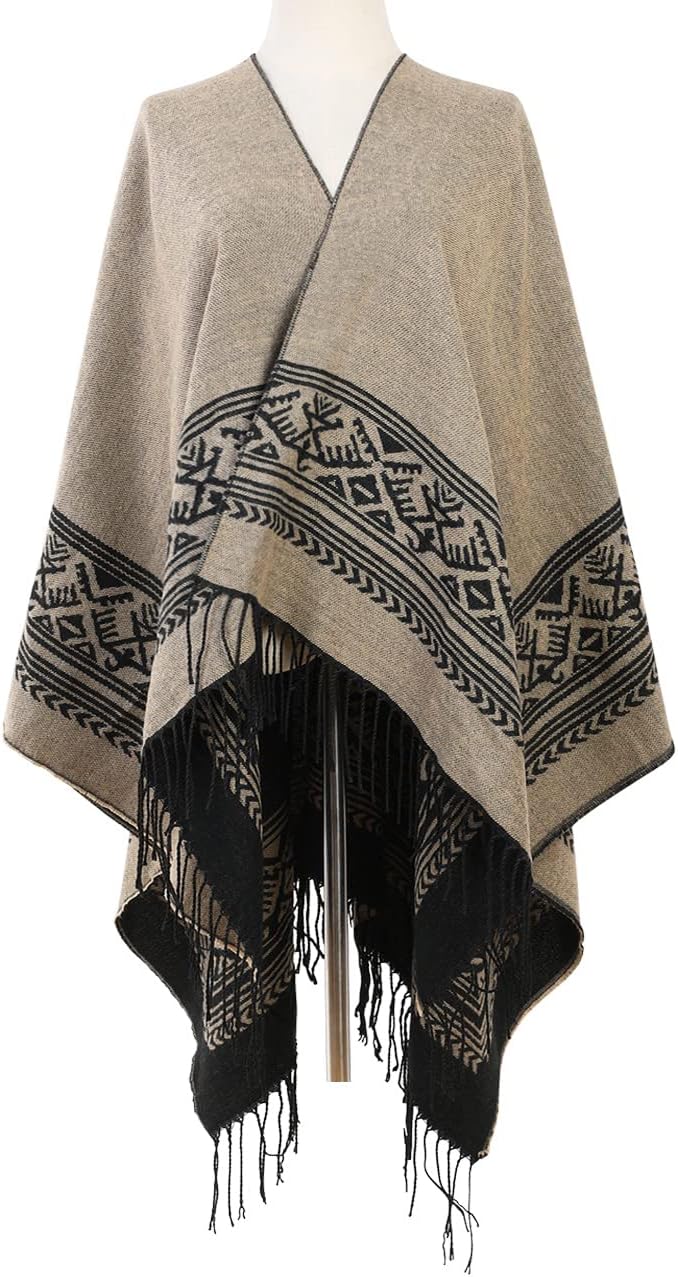 Superora Damen Poncho Cape Umhängetuch Stola Strick-Pullover Karierte Deckenschal Sweatshirt Schal m