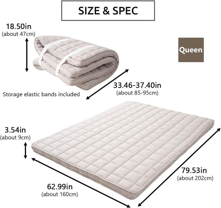 EMOOR Japanische Gepolsterte Futon-Matratze Machi 160 x 202 cm Grau, Zwickel Faltbar Verstaubar Elas