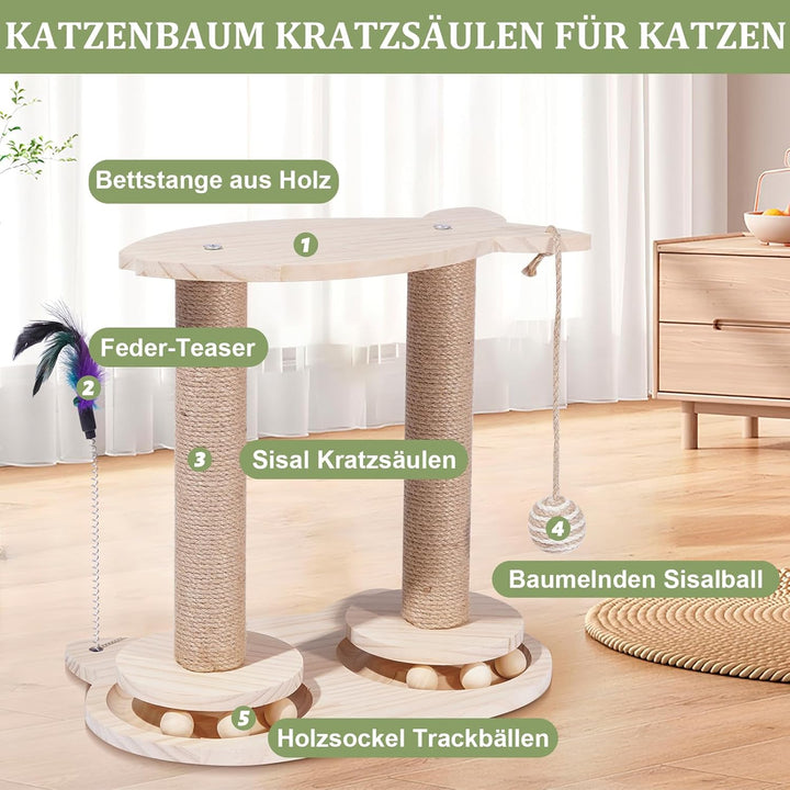 Kratzsäulen Katzen Interaktives Katzenspielzeug Aus Holz Spielzeug Katzenbaum mit Federn und Sitzsta