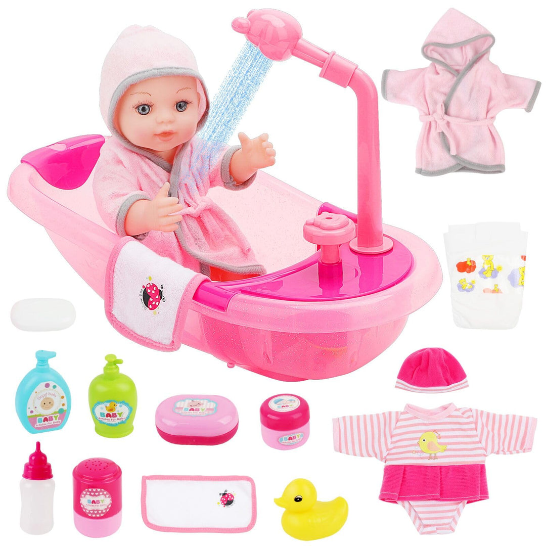 deAO Baby Puppe mit Badewanne und Zubehör, 30cm Badepuppe für Mädchen | mit Funktionierender Dusche