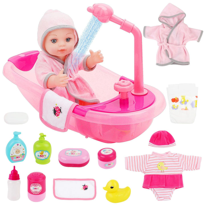 deAO Baby Puppe mit Badewanne und Zubehör, 30cm Badepuppe für Mädchen | mit Funktionierender Dusche