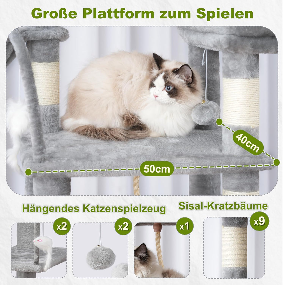 Kratzbaum, Katzenbaum gross für Innenbereich, 160 cm Katzenkratzbaum mit 2 grossen Plattformen, 2 Kö
