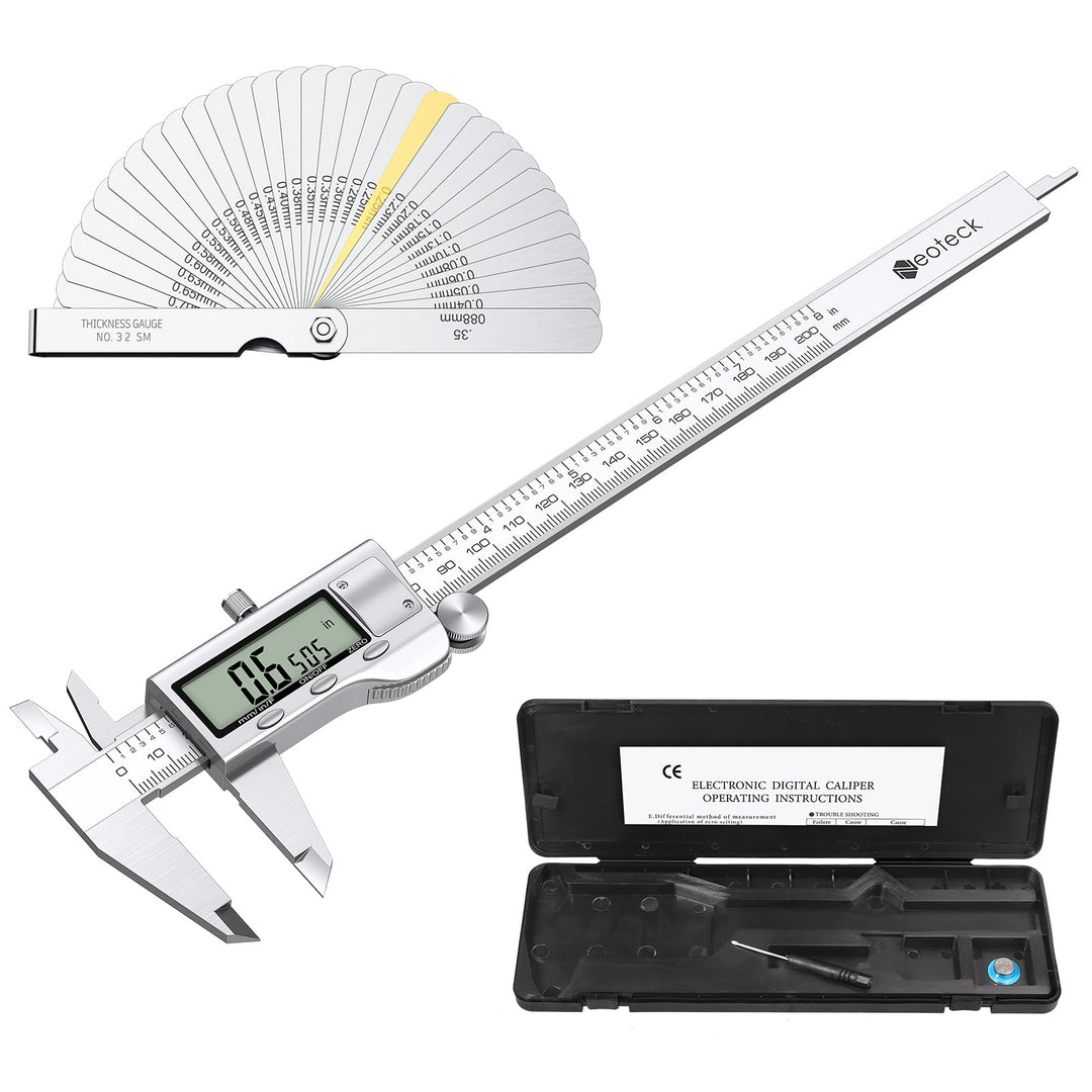 Neoteck Digital Messschieber 200 mm mit Fühlerlehre, LCD Display, Zoll/Metrik/Bruch, Messschieber El