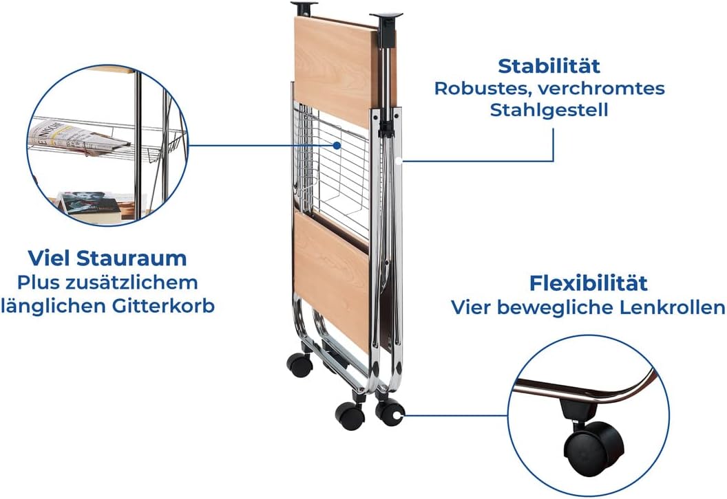 WENKO Servierwagen Dinett Deluxe Ahorn, 2 Ablageflächen & länglicher Gitterkorb, mit 4 leichtgängige
