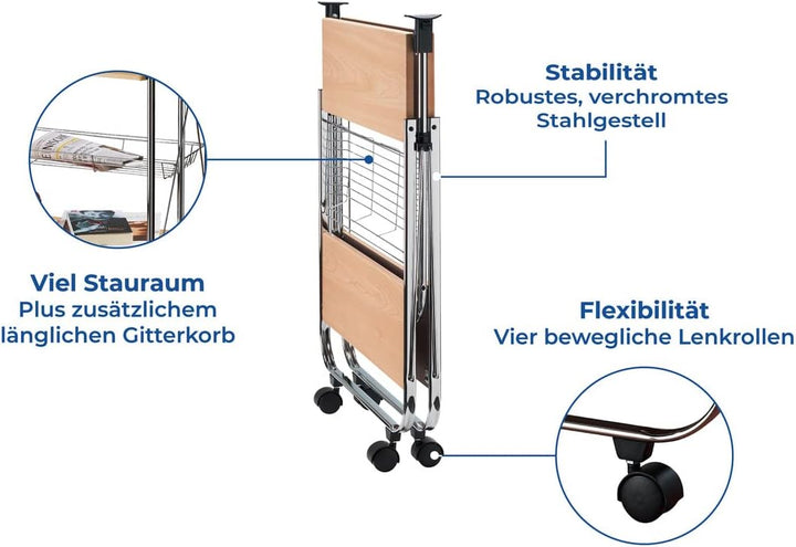 WENKO Servierwagen Dinett Deluxe Ahorn, 2 Ablageflächen & länglicher Gitterkorb, mit 4 leichtgängige