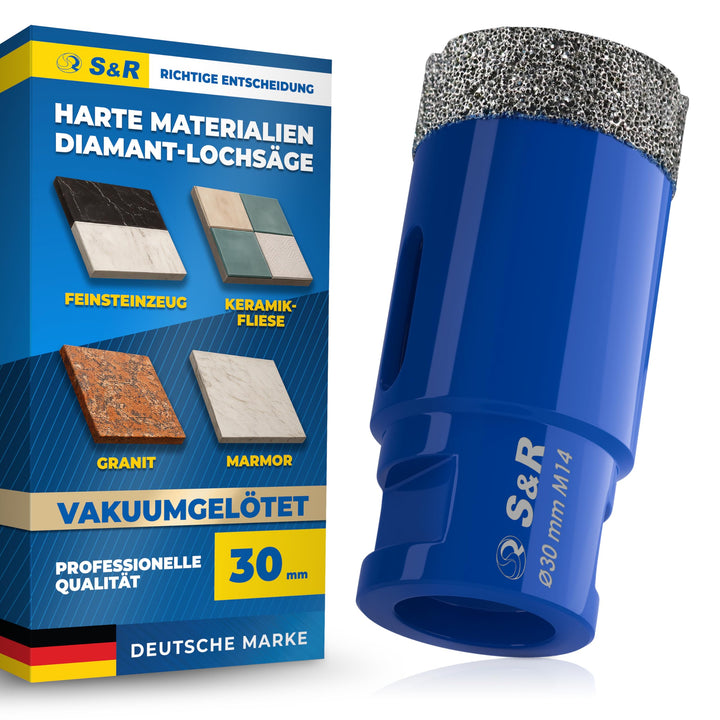 S&R Professional Diamant Fliesenbohrer 30 mm, Lochsäge für Fliesen M14 Gewinde, Diamant Bohrer Flies