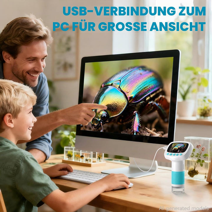 Mikroskop für Kinder ab 3 Jahren, 1000X Tragbares Handmikroskop mit 2'' HD-Bildschirm, Digitales Edu