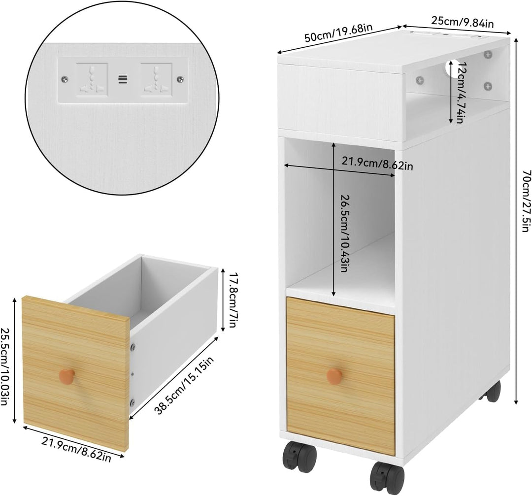 PIPIPOXER Nachttisch schmal mit Rollen, kleiner Nachttisch, Eichenfarben, mit 1 Schublade, USB-Ansch