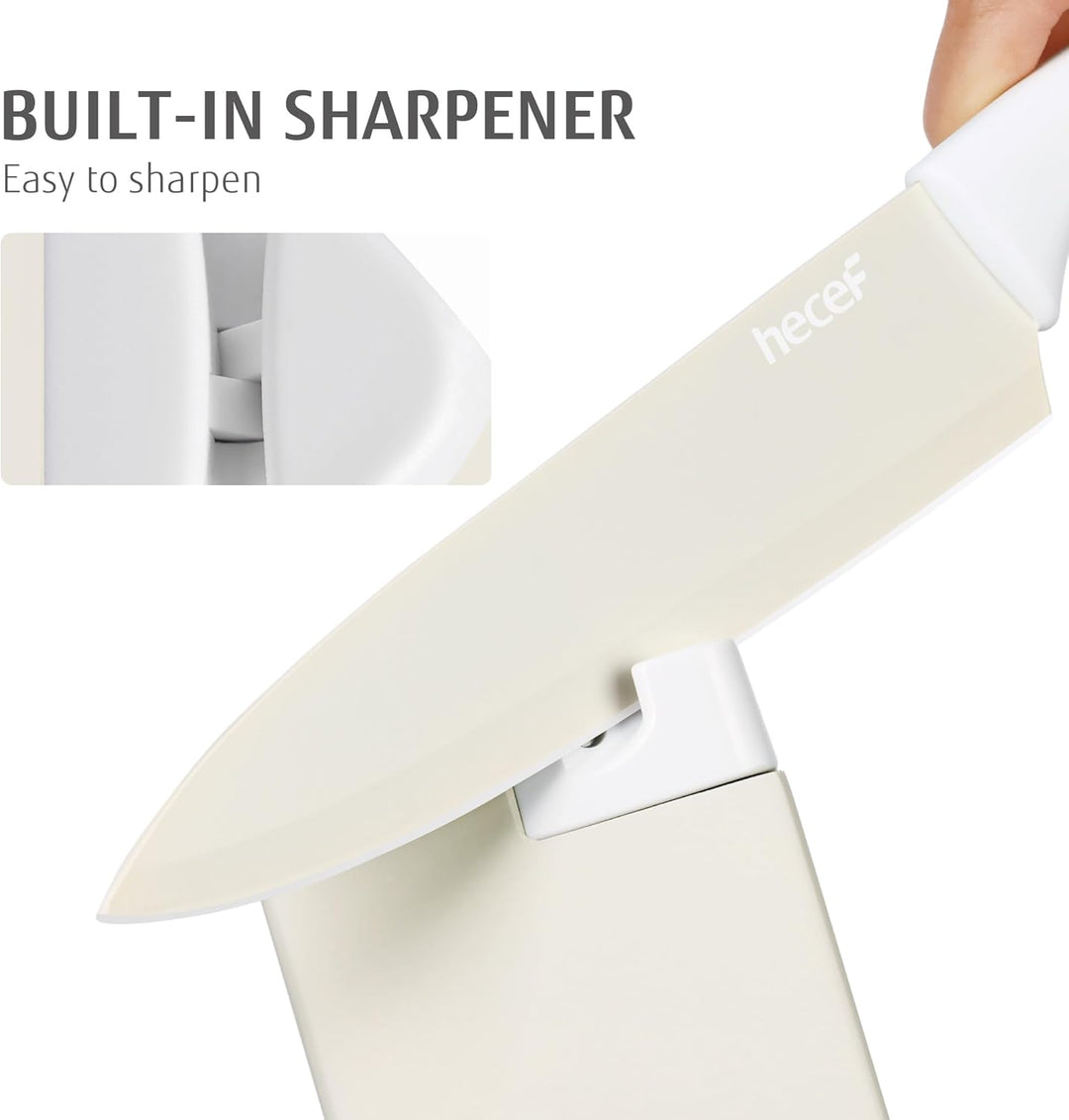 hecef 14-teilig Messerblock mit Messer, Creme, Antihaft-Beschichtung – Spülmaschinenfest, Messerbloc