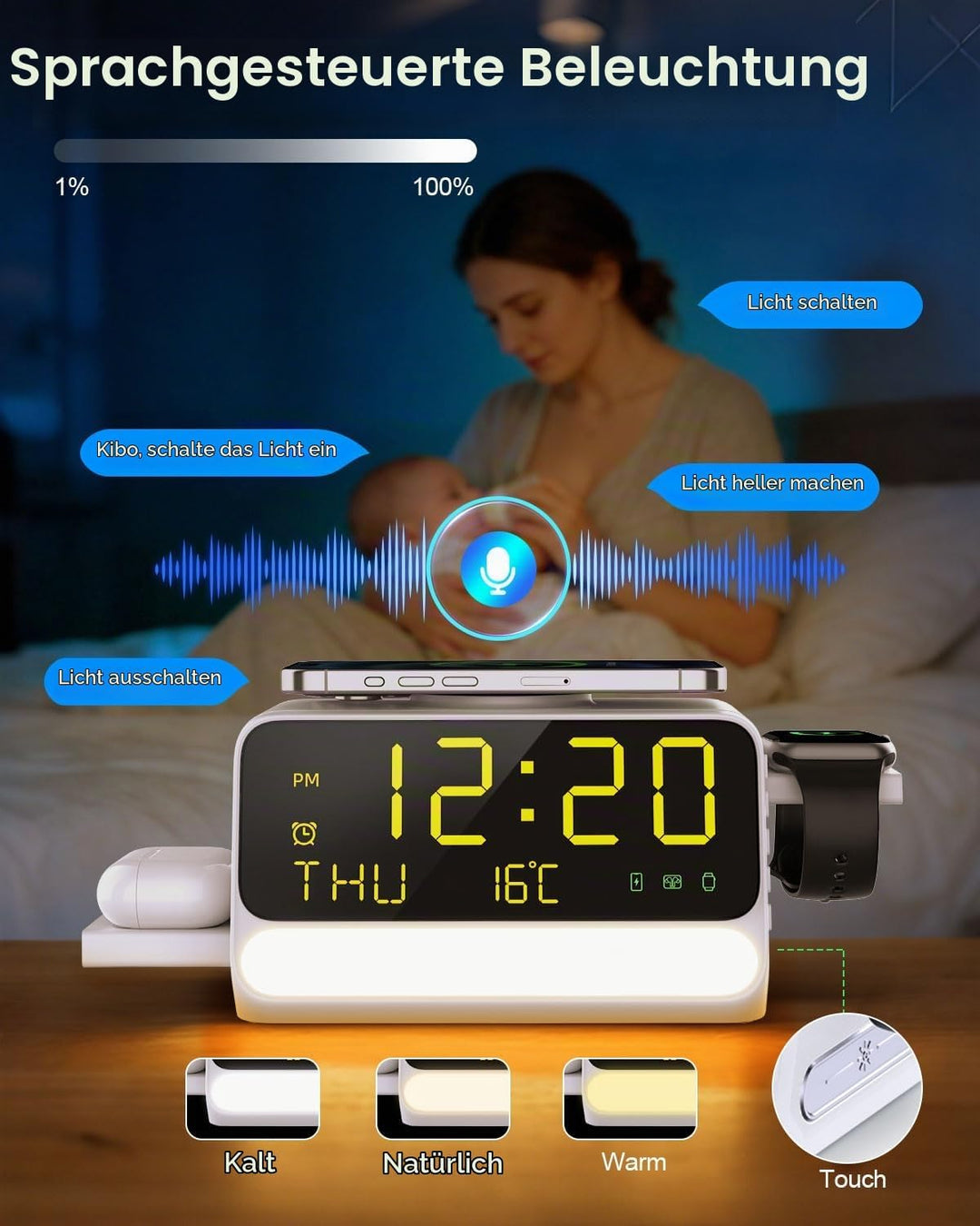 7-in-1 kabellose Ladestation mit Wecker, sprachgesteuertem Nachtlicht, Temperatur &amp; Datum, inklusive