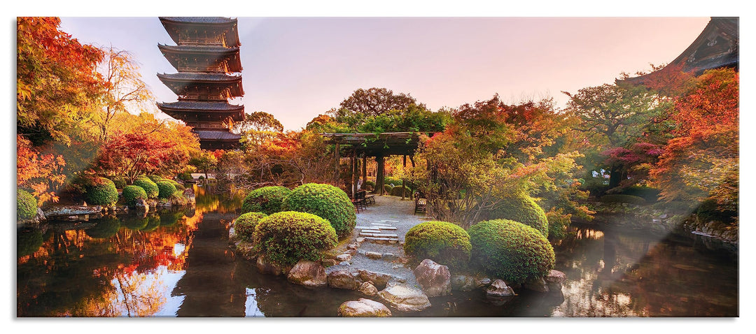 Glasbild Panorama | Wandbild aus Echtglas | See im Herbst vor japanischem Tempel | 100x40 cm | inkl.