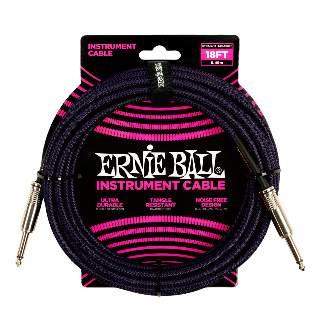 Ernie Ball Geflochtenes Instrumentenkabel Gerade (18 ft), Lila/ Schwarz, 5,5 m Lila/schwarz 5,5 m Ge