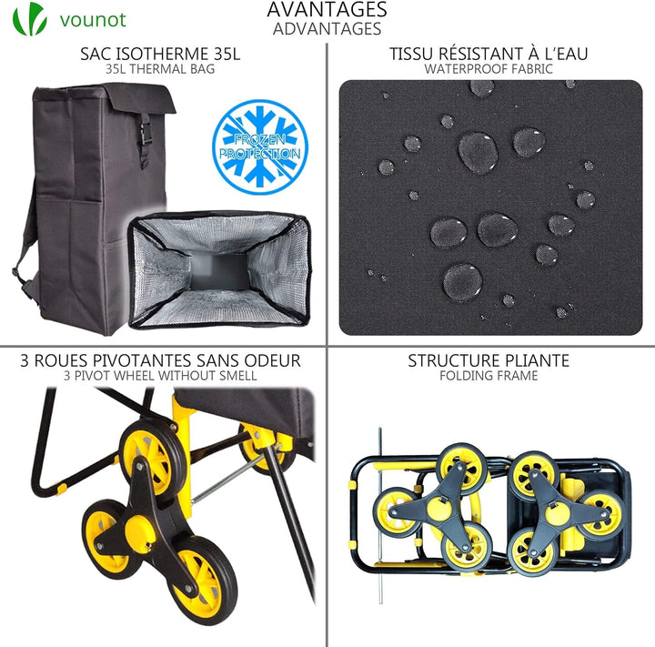 VOUNOT Einkaufstrolley Treppensteiger mit Kühlfach und Klappsitz, Einkaufswagen Klappbar mit 3 Räder