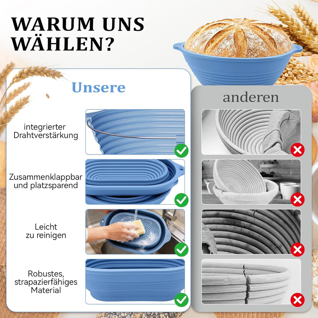 2 PCS Brot Gärkorb Silikon, 29 cm Gärkorb Oval und 23 cm Gärkorb Brot Rund, Silikon Klappbare Gärkör