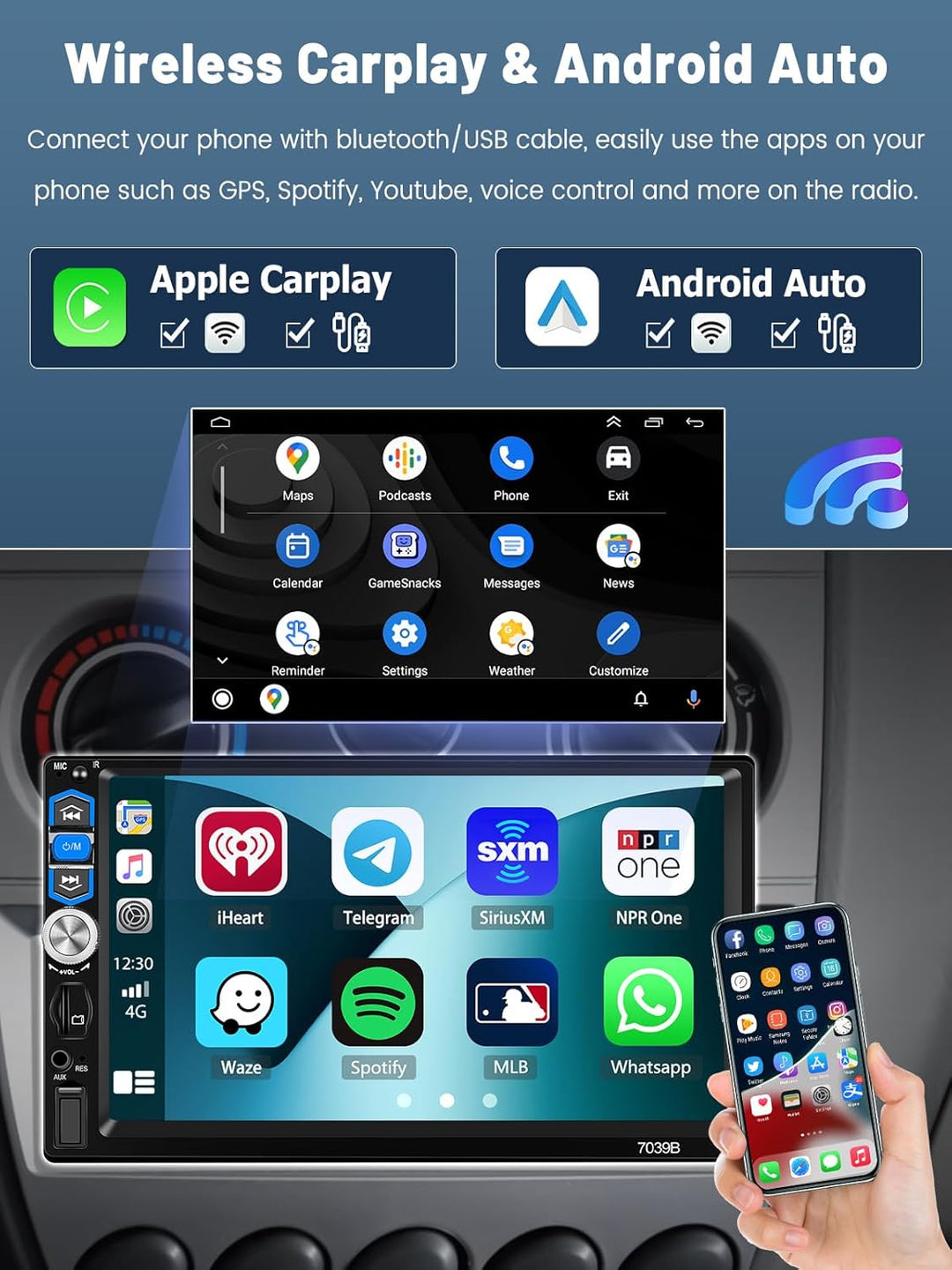 Hikity 7 Zoll Autoradio 1 Din Bluetooth mit Android Auto Wireless Carplay Auto Radio Touch Display m