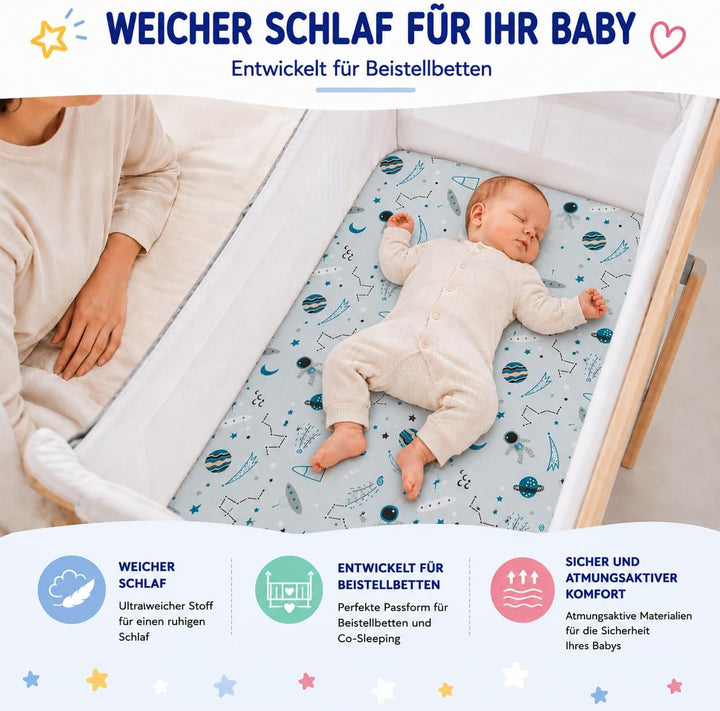 FlyIdeas Spannbettlaken 60x120 cm fur Babybett, 3 STK. - 100% Reine und Sanft Baumwolle - 2 Spannbet