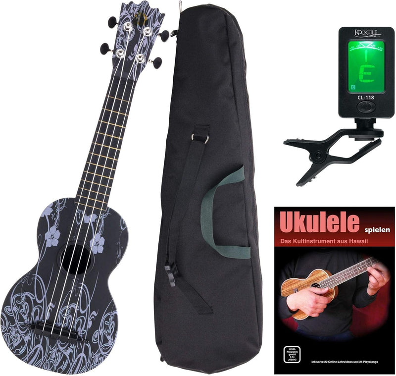 Classic Cantabile BeachBuddy "Black Beauty" Sopran Ukulele SET inkl. Tuner und Noten (Uke, Hawaii Gi